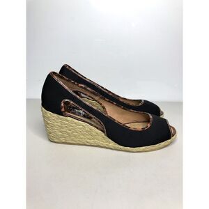 Donald J. Pliner Charlot Black Fabric Peep Espadrilles Wedge Shoes Women 10M US